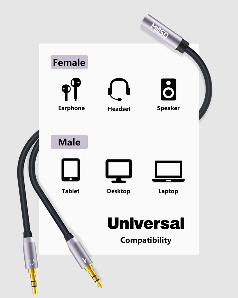 MillSO Headphone Splitter CTIA for Computer Y Jack Adapter 3.5mm 2 x 3 Pole TRS Male to 4 Pole TRRS Female Compatible for Smartphone Earphone PS4 Gaming Headset to PC - 12inch/30CM - Image 4